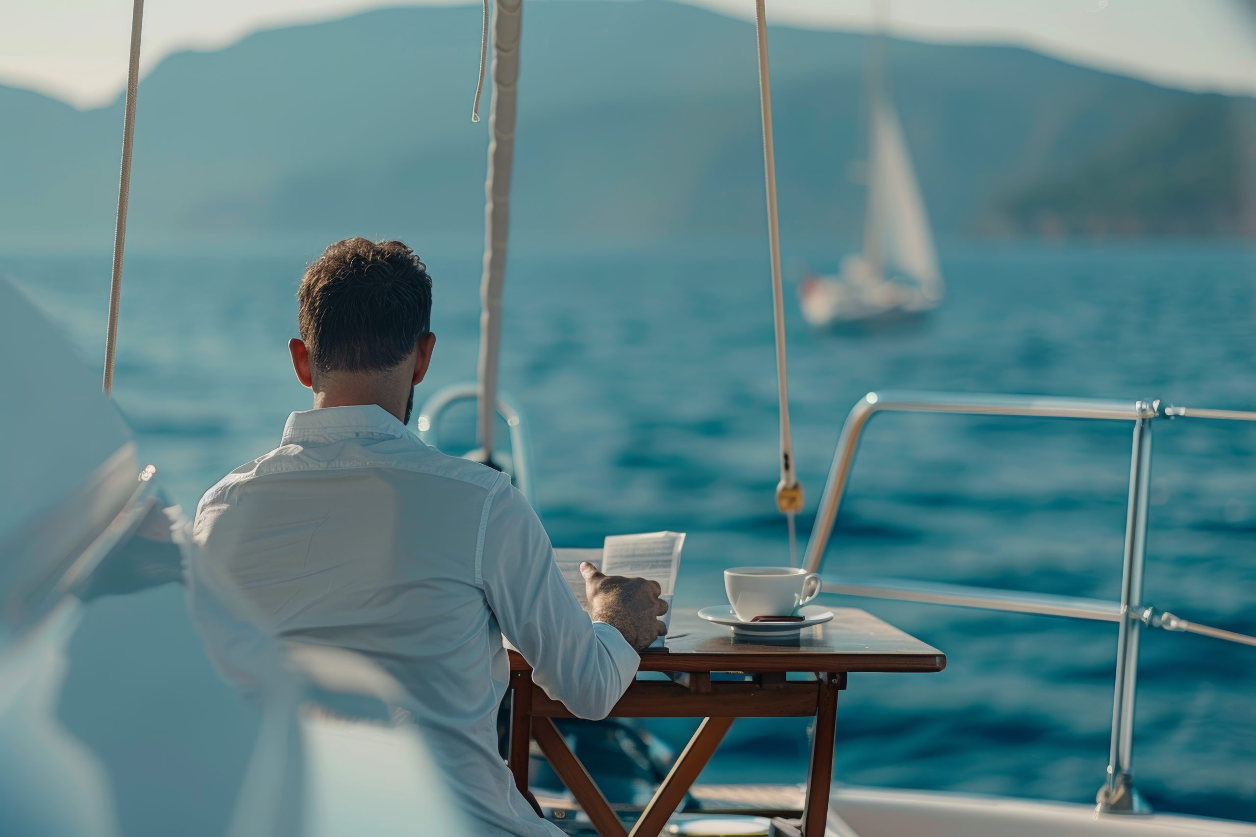 Fountain Consulting and Management We exist because we enjoy helping our clients grow and succeed Businessman Reading News Sipping Coffee Comfortable Yacht Sea Morning